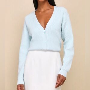 Toasty Babe Light Blue Knit Button-Up Cropped Cardigan